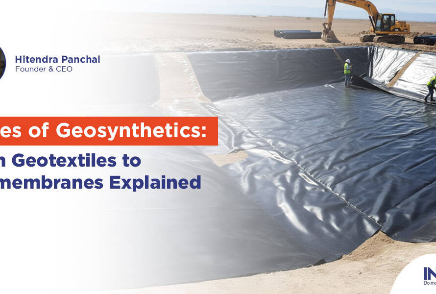 Illustration of the six types of geosynthetics with labeled applications, including geotextiles, geomembranes, geogrids, geonets, geocells, and GCLs.